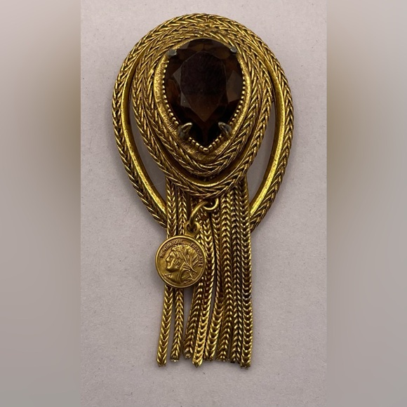 Vintage Signed Florenza Gold Tone Etruscan Revival Brooch Pin Topaz Crystal - Picture 9 of 11